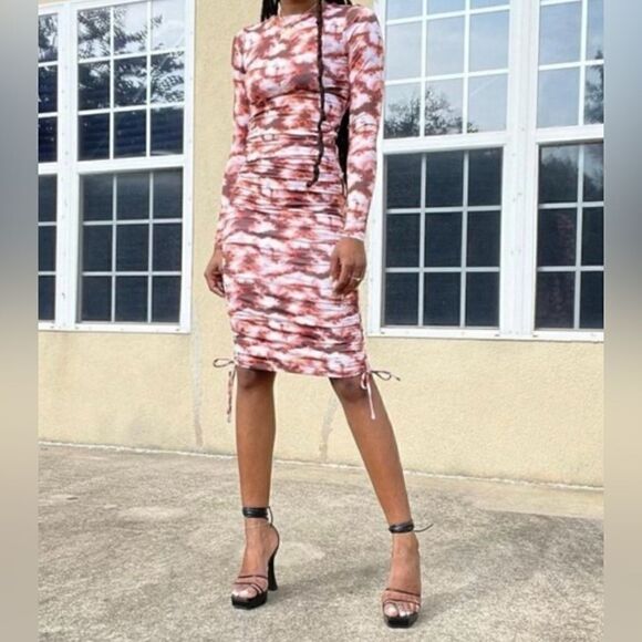 Tiger Mist Riri Brown & Rust Red Print Bodycon Long Sleeved Ruched Dress - Picture 3 of 9